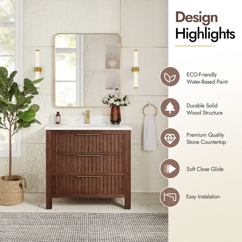 Vinnova 704236-AD-GW Shenzhen 36" Single Sink Bath Vanity in Aged Dark Brown Oak
