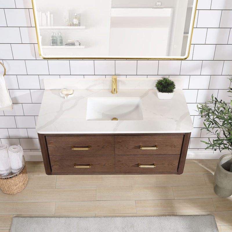 Vinnova 706648-AD-BK Cristo 48" Floating Single Bath Vanity in Aged Dark Brown Oak with Fish Maw White Quartz Stone Top