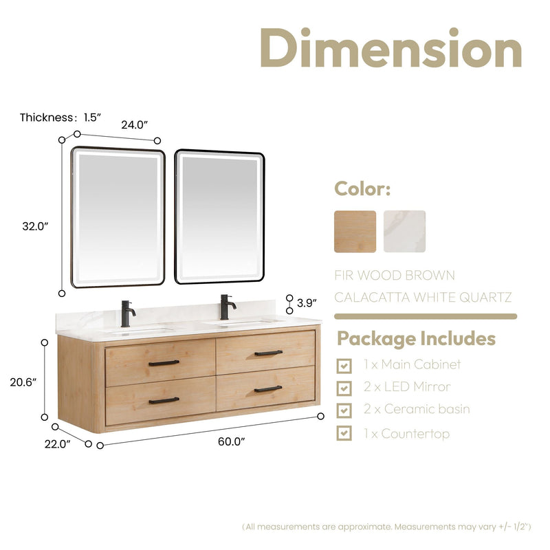 Vinnova 706660M-FN-BK Cristo 60M" Floating Double Bath Vanity in Fir Wood Brown with Fish Maw White Quartz Stone Top