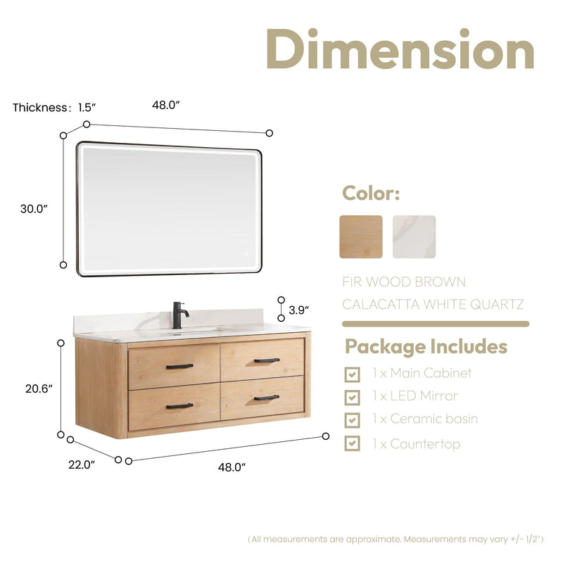 Vinnova 706648-FN-BK Cristo 48" Floating Single Bath Vanity in Fir Wood Brown with Fish Maw White Quartz Stone Top
