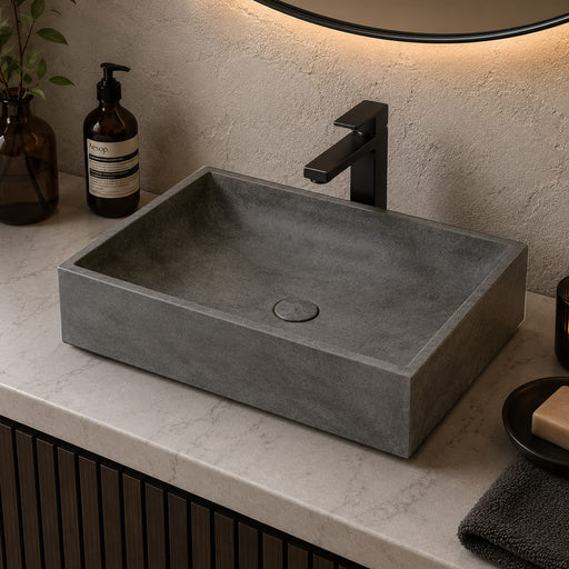 Feppder Rectangular Cast Concrete Vessel Sink - Dark Grey with Textured Finish