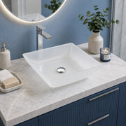 Anzzi LS-AZ912 Solstice Series 16 in. L x 16 in. W Square Bathroom Vessel Sink in White Finish Glass with Chrome Pop-Up Drain