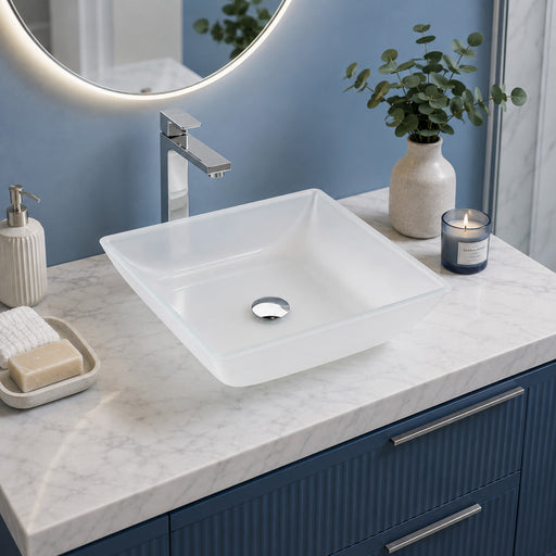 Anzzi LS-AZ912 Solstice Series 16 in. L x 16 in. W Square Bathroom Vessel Sink in White Finish Glass with Chrome Pop-Up Drain