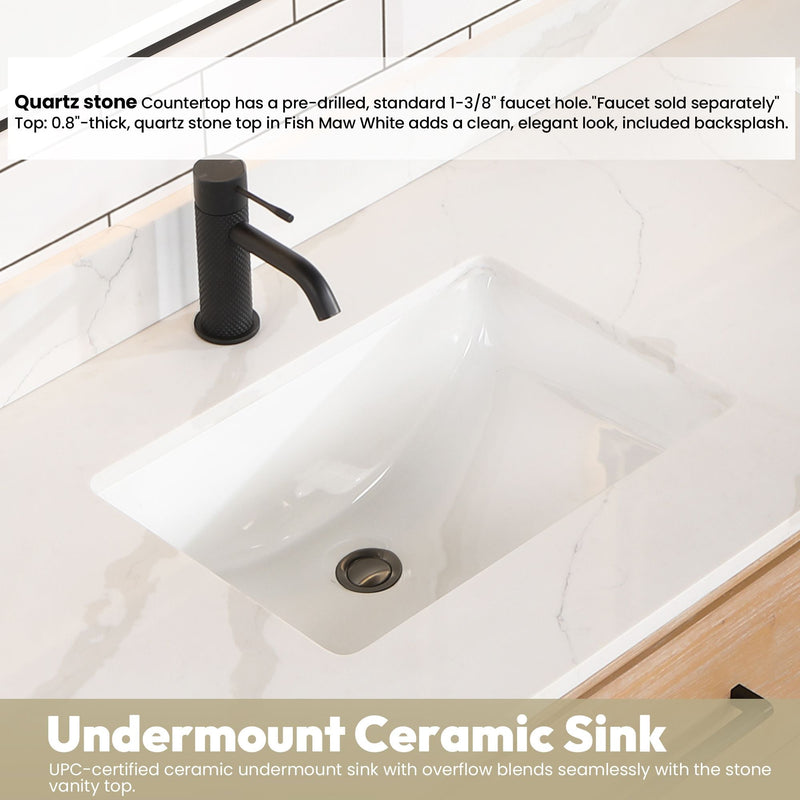 Vinnova 706672-FN-BK Cristo 72" Floating Double Bath Vanity in Fir Wood Brown with Fish Maw White Quartz Stone Top