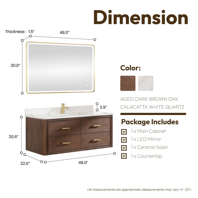Vinnova 706648-AD-BK Cristo 48" Floating Single Bath Vanity in Aged Dark Brown Oak with Fish Maw White Quartz Stone Top