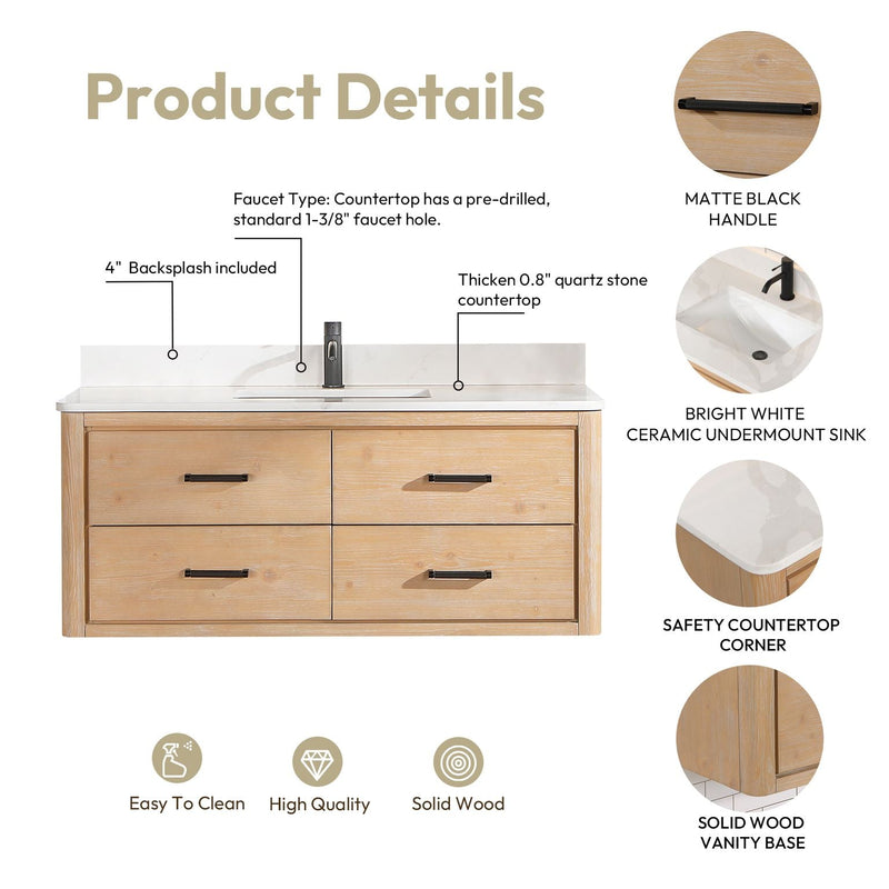 Vinnova 706648-FN-BK Cristo 48" Floating Single Bath Vanity in Fir Wood Brown with Fish Maw White Quartz Stone Top