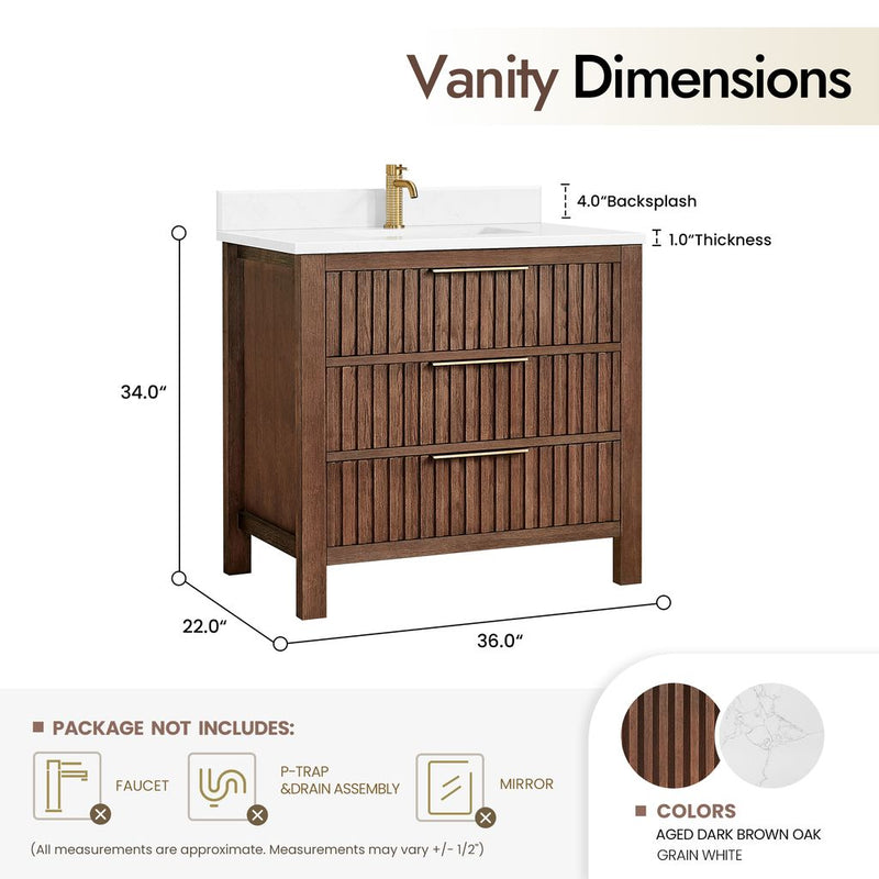 Vinnova 704236-AD-GW Shenzhen 36" Single Sink Bath Vanity in Aged Dark Brown Oak