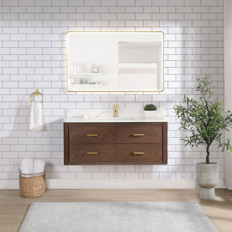 Vinnova 706648-AD-BK Cristo 48" Floating Single Bath Vanity in Aged Dark Brown Oak with Fish Maw White Quartz Stone Top