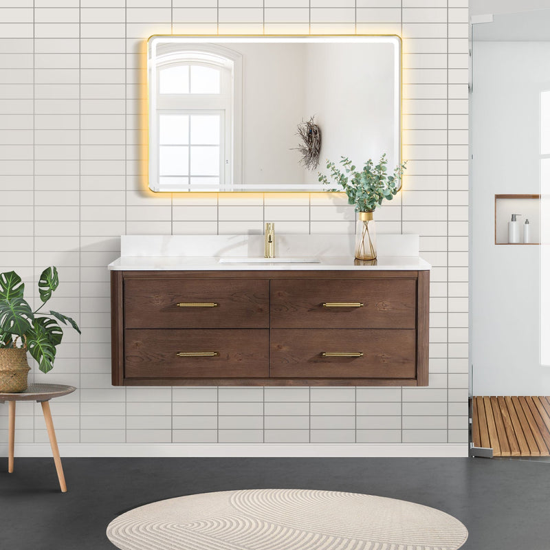 Vinnova 706655-AD-BK Cristo 55" Floating Single Bath Vanity in Aged Dark Brown Oak with Fish Maw White Quartz Stone Top
