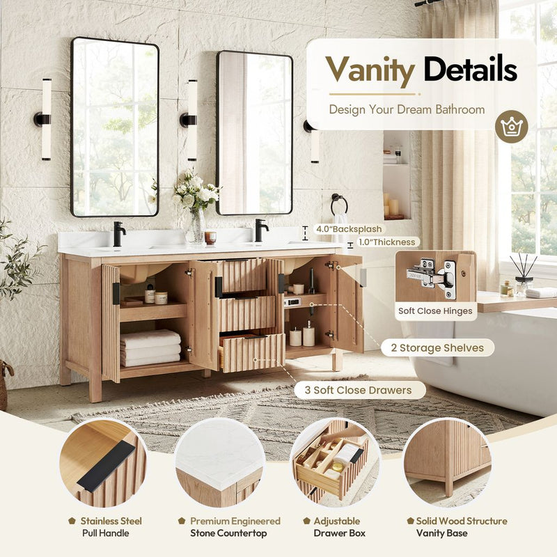 Vinnova 704272-AN-GW Shenzhen 72" Double Sink Bath Vanity in Aged Natural Oak
