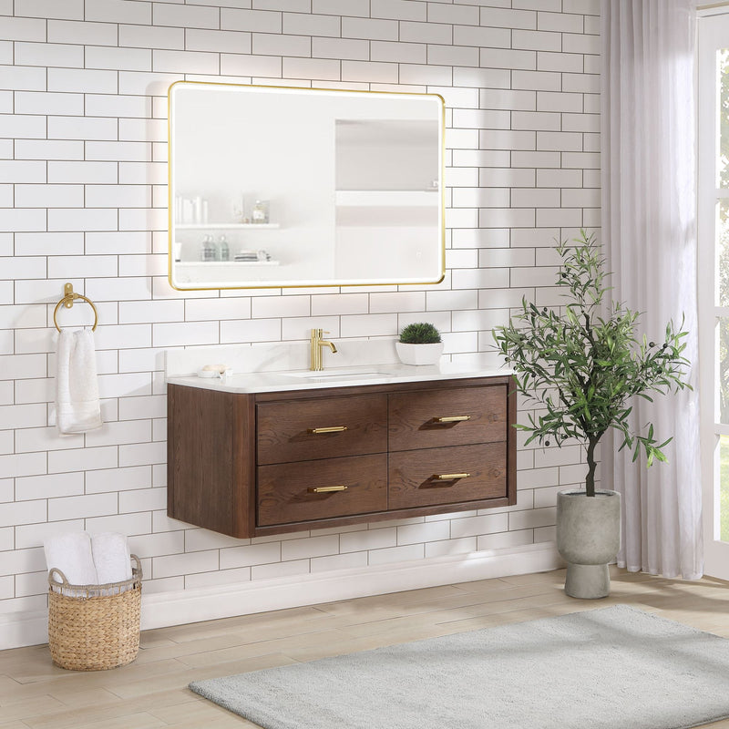 Vinnova 706648-AD-BK Cristo 48" Floating Single Bath Vanity in Aged Dark Brown Oak with Fish Maw White Quartz Stone Top