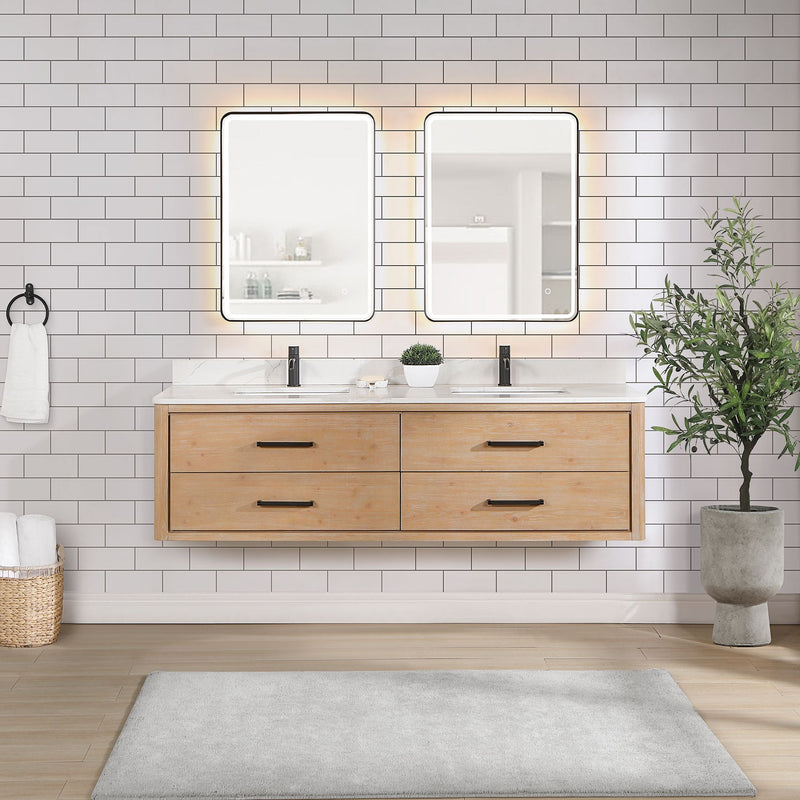 Vinnova 706672-FN-BK Cristo 72" Floating Double Bath Vanity in Fir Wood Brown with Fish Maw White Quartz Stone Top