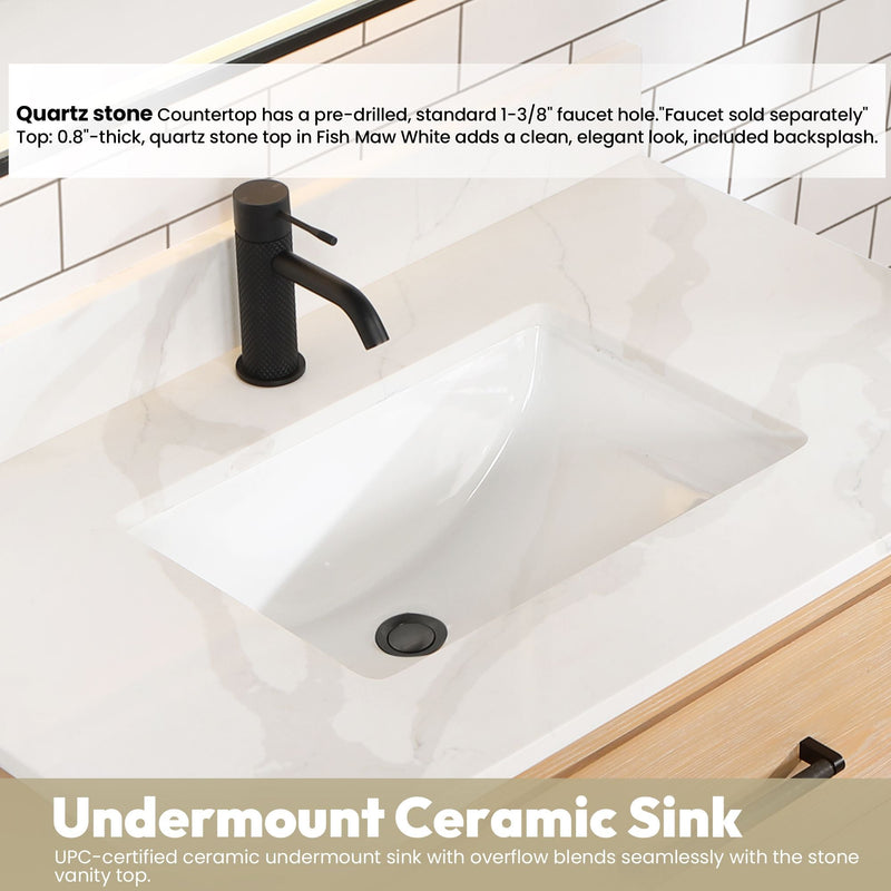 Vinnova 706636-FN-BK Cristo 36" Floating Single Bath Vanity in Fir Wood Brown with Fish Maw White Quartz Stone Top