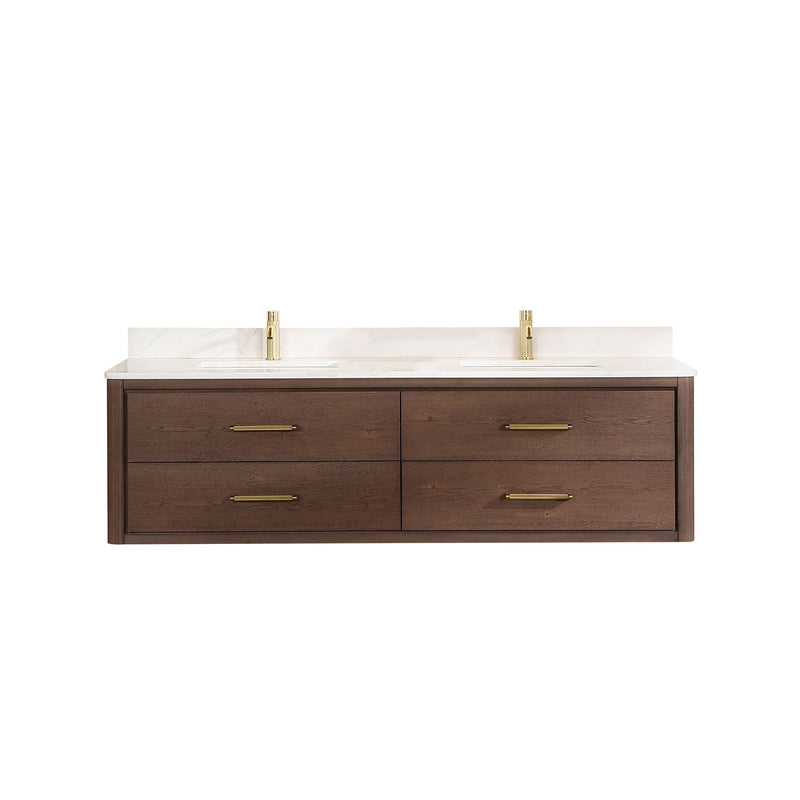 Vinnova 706672-AD-BK Cristo 72" Floating Double Bath Vanity in Aged Dark Brown Oak with Fish Maw White Quartz Stone Top