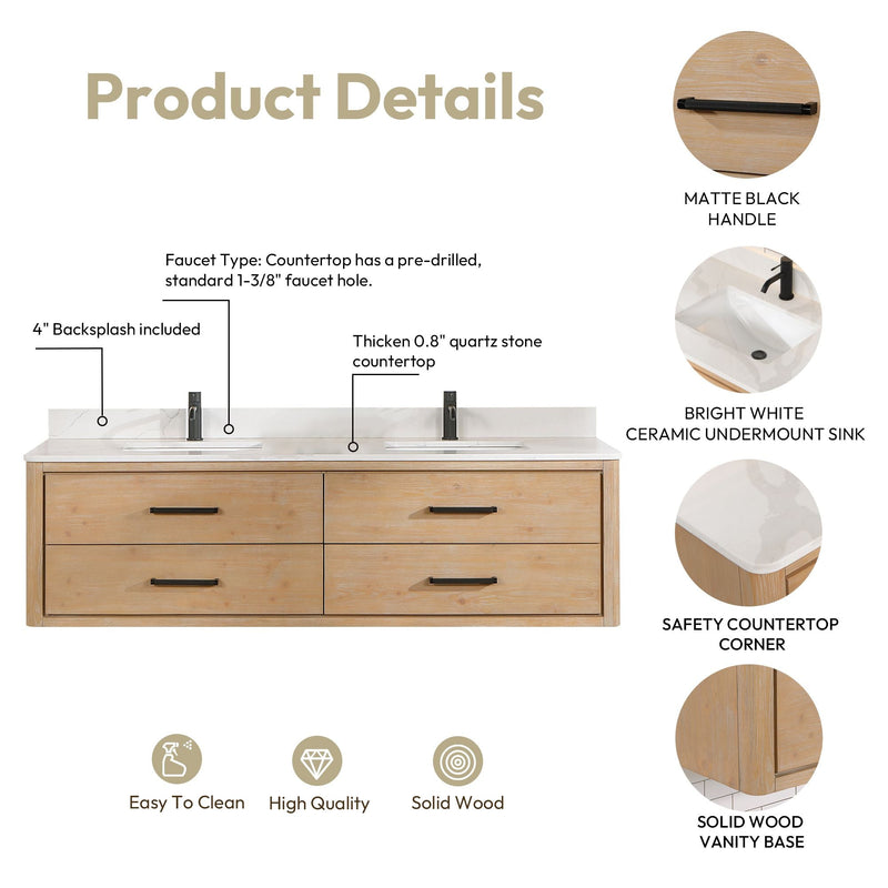 Vinnova 706672-FN-BK Cristo 72" Floating Double Bath Vanity in Fir Wood Brown with Fish Maw White Quartz Stone Top
