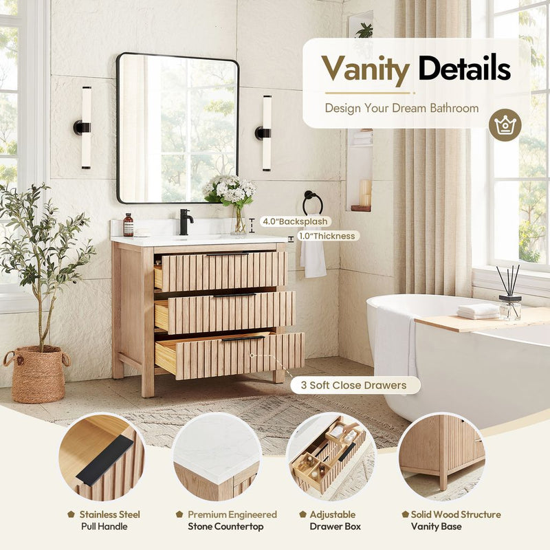 Vinnova 704236-AN-GW Shenzhen 36" Single Sink Bath Vanity in Aged Natural Oak