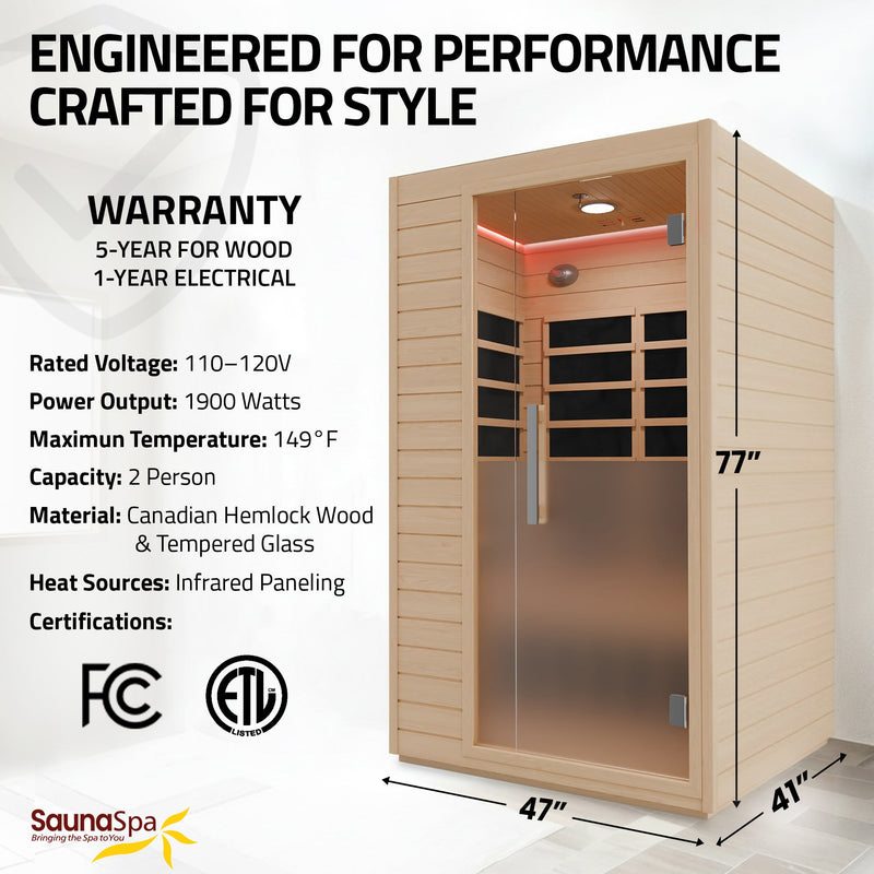 SaunaSpa SC-SS0022-2P 2-Person Indoor Infrared Cabin Sauna in Canadian Hemlock