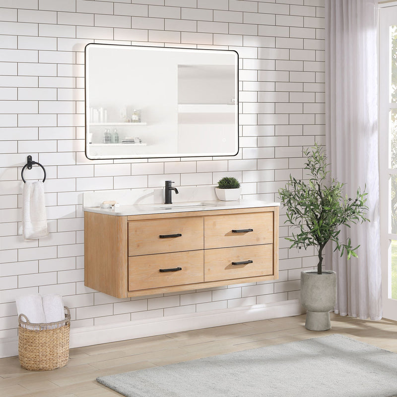 Vinnova 706648-FN-BK Cristo 48" Floating Single Bath Vanity in Fir Wood Brown with Fish Maw White Quartz Stone Top
