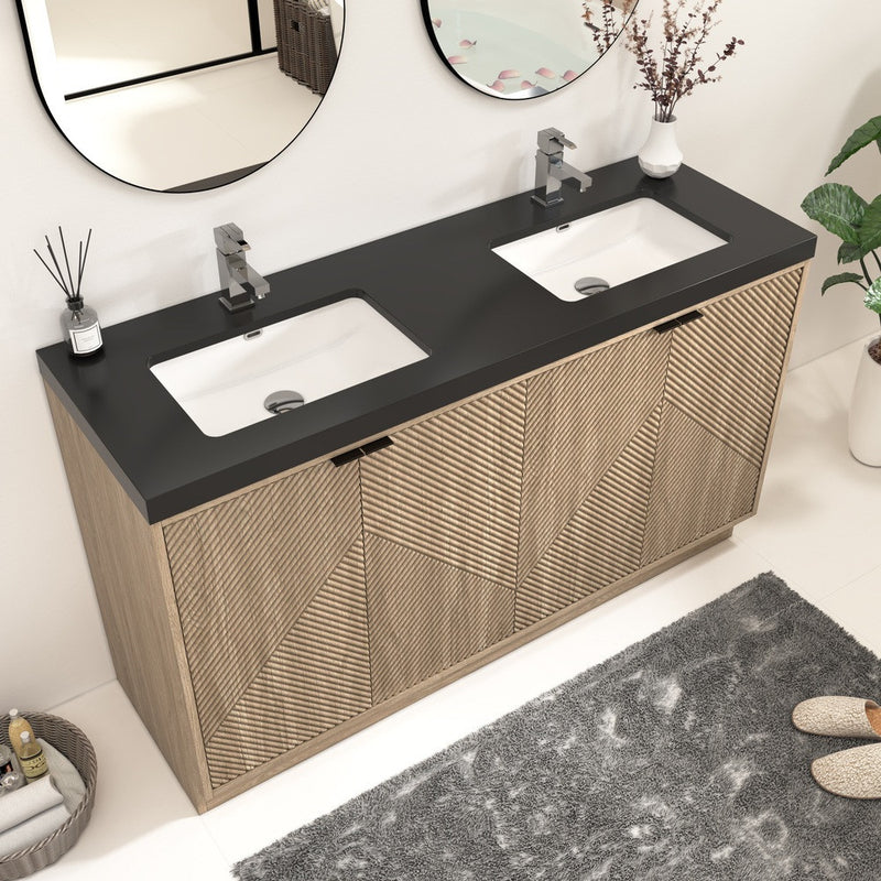 Moreno Bath MT60DFS Mason 60" Fluted Freestanding Bathroom Vanity with Double Sink Top