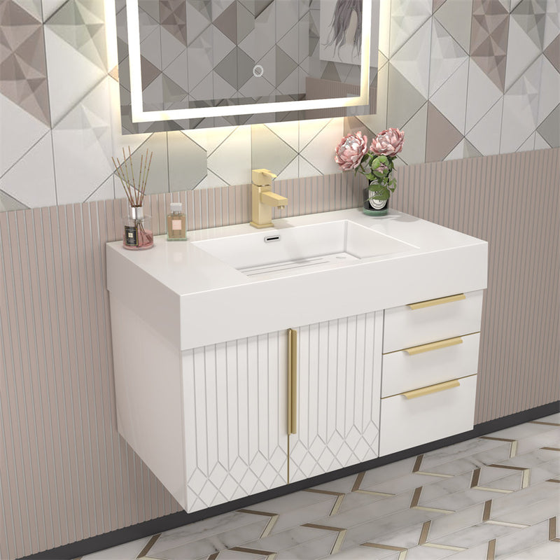 Moreno Bath MILANA36-R Milana 36" Floating Bathroom Vanity with Reinforced Acrylic Sink in Gloss White | Right Side Drawers - view 3