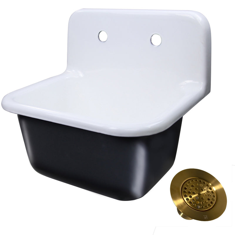 Nantucket Sinks Cast Iron Finished Bottom Wallmount Utility Sink Set with Satin Brass Drain CI-2218-FBSBSET