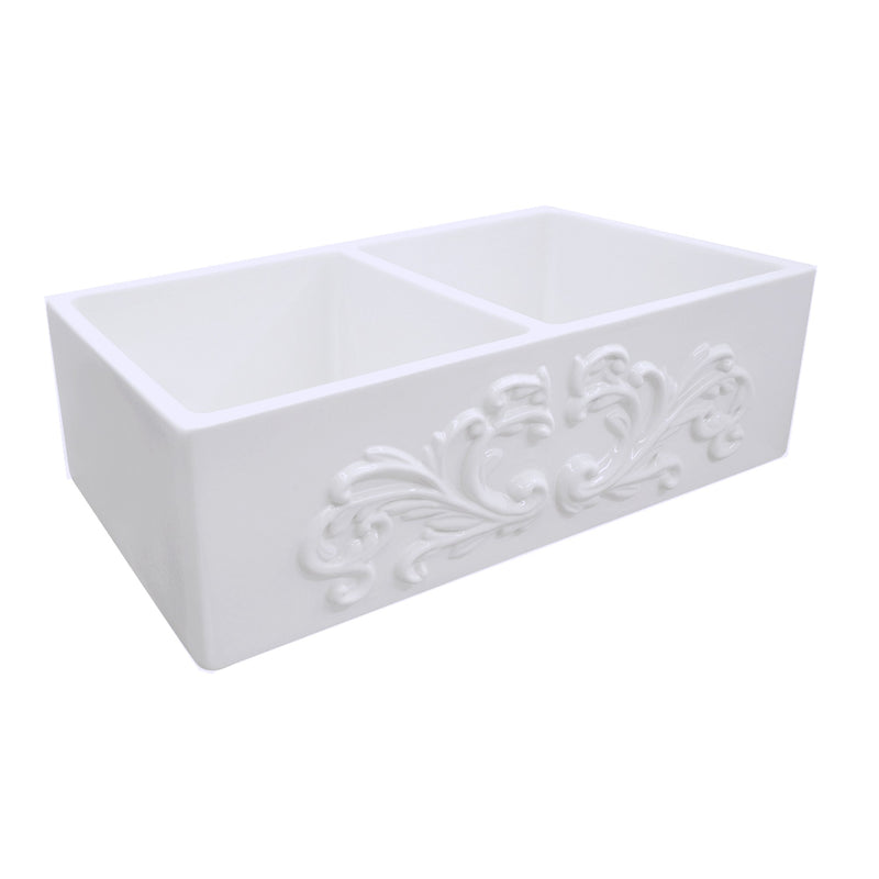 Nantucket Sinks Double Bowl Farmhouse Fireclay Sink with Filigree Apron FCFS3318D-Filigree - view 2