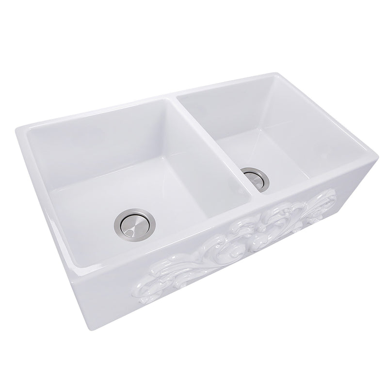 Nantucket Sinks Double Bowl Farmhouse Fireclay Sink with Filigree Apron FCFS3318D-Filigree - view 3