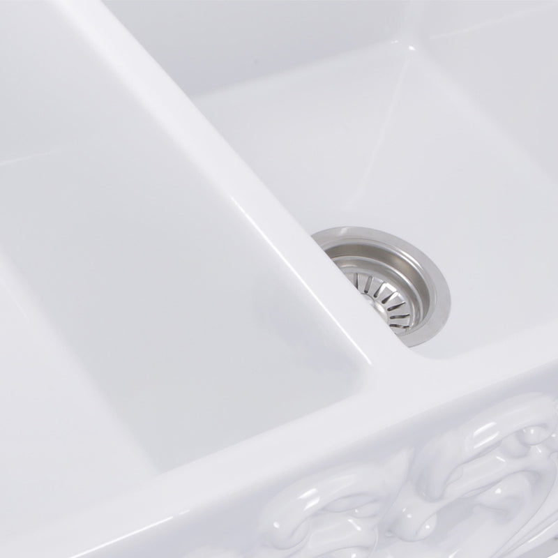Nantucket Sinks Double Bowl Farmhouse Fireclay Sink with Filigree Apron FCFS3318D-Filigree - view 5