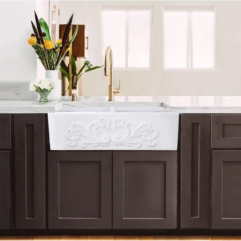 Nantucket Sinks Double Bowl Farmhouse Fireclay Sink with Filigree Apron FCFS3318D-Filigree - view 8