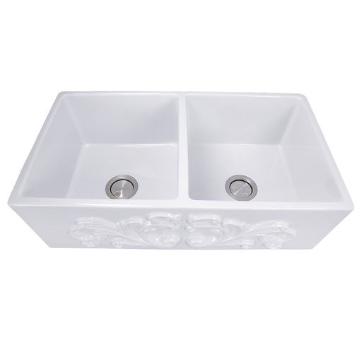 Nantucket Sinks Double Bowl Farmhouse Fireclay Sink with Filigree Apron FCFS3318D-Filigree