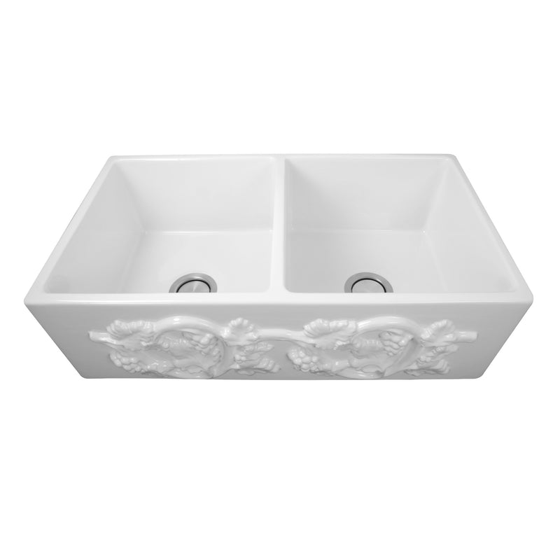 Nantucket Sinks Double Bowl Farmhouse Fireclay Sink with Grapes Apron FCFS3318D-Grapes - view 2