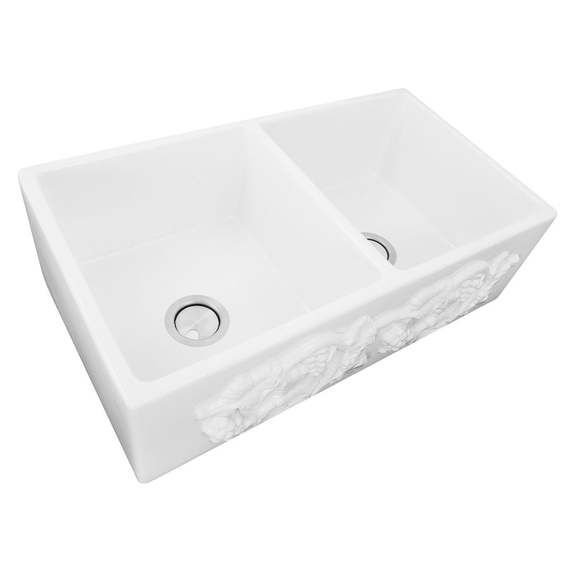 Nantucket Sinks Double Bowl Farmhouse Fireclay Sink with Grapes Apron FCFS3318D-Grapes - view 4