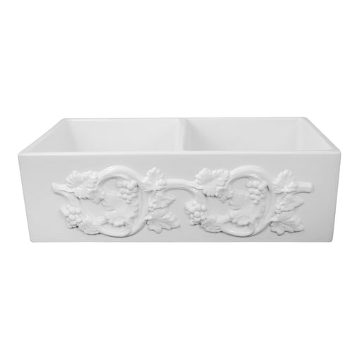 Nantucket Sinks Double Bowl Farmhouse Fireclay Sink with Grapes Apron FCFS3318D-Grapes