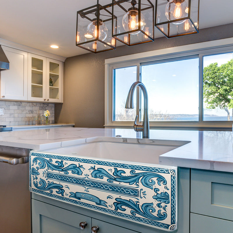 Nantucket Sinks 33-Inch Farmhouse Fireclay Sink with Nantucket Scroll Work Apron Front FCFS3320S-BluMare - view 7
