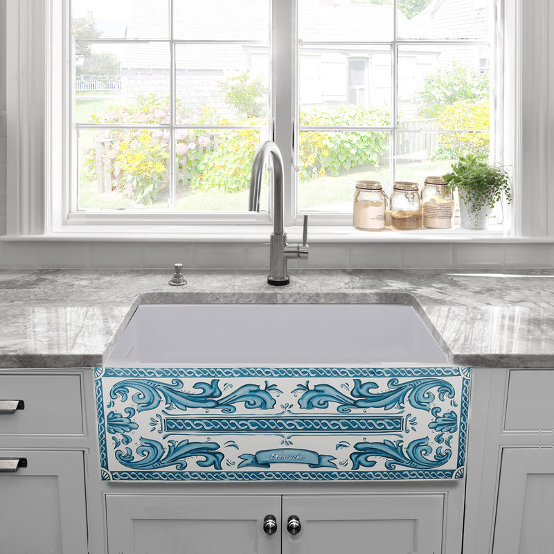Nantucket Sinks 33-Inch Farmhouse Fireclay Sink with Nantucket Scroll Work Apron Front FCFS3320S-BluMare - view 8