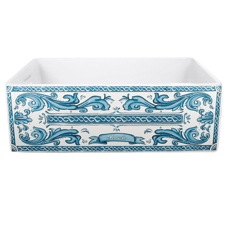 Nantucket Sinks 33-Inch Farmhouse Fireclay Sink with Nantucket Scroll Work Apron Front FCFS3320S-BluMare
