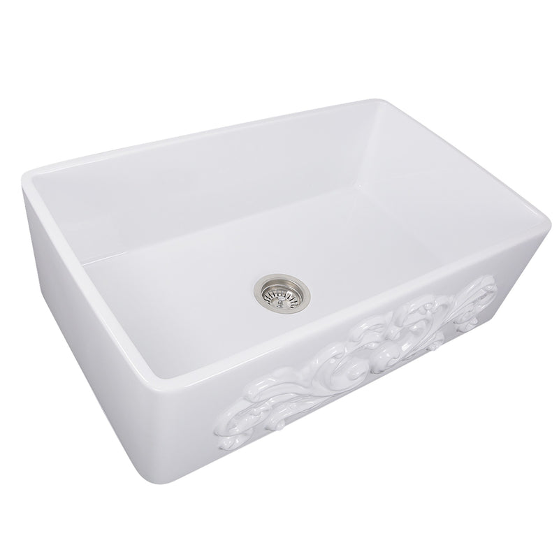 Nantucket Sinks 33-Inch Farmhouse Fireclay Sink with Filigree Apron - White FCFS3320S-Filigree