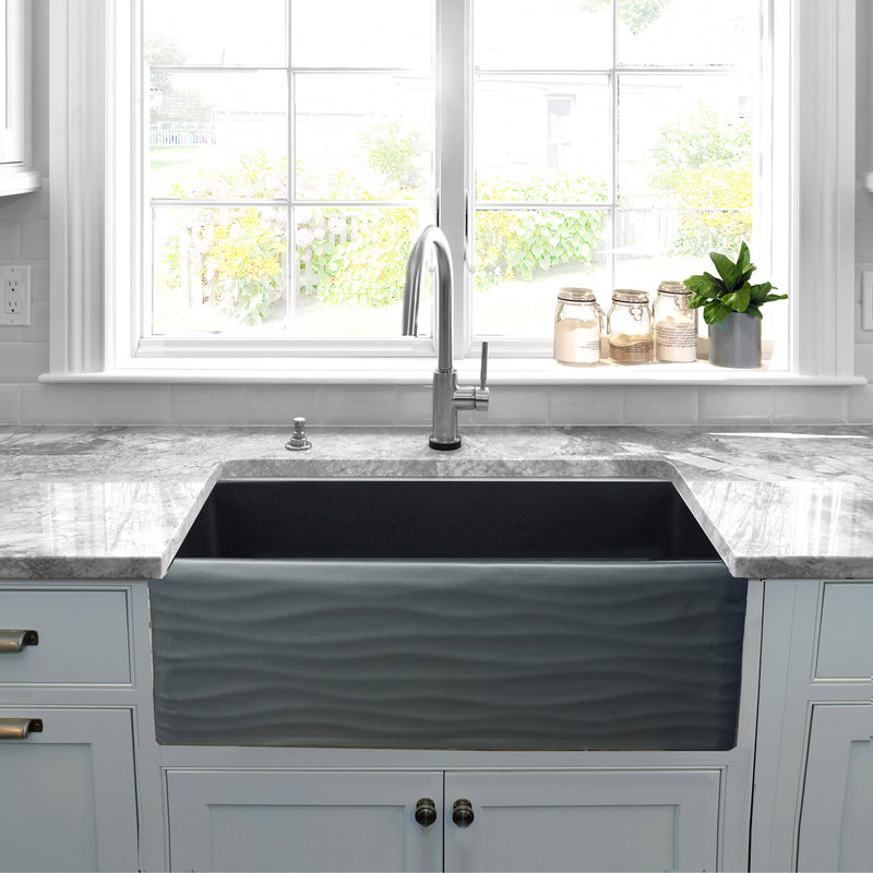 Nantucket Sinks 33 Inch Matte Black Farmhouse Fireclay Sink with Waves Apron FCFS3320S-MB-Waves - view 6