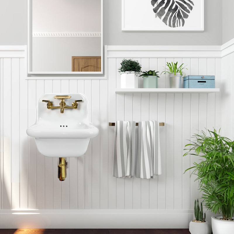 Nantucket Sinks 16.5-inch Fireclay Wallmount Bath Sink with Satin Brushed Brass Accessories Set NS-VC16-WW-SBFCT - view 6