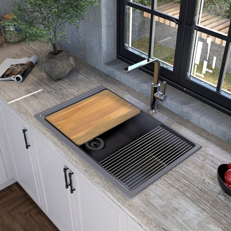 Nantucket Sinks 30" Dualmount Granite Composite Prep-Station with Side Set Drain - Titanium PR3019PS-TI - view 9