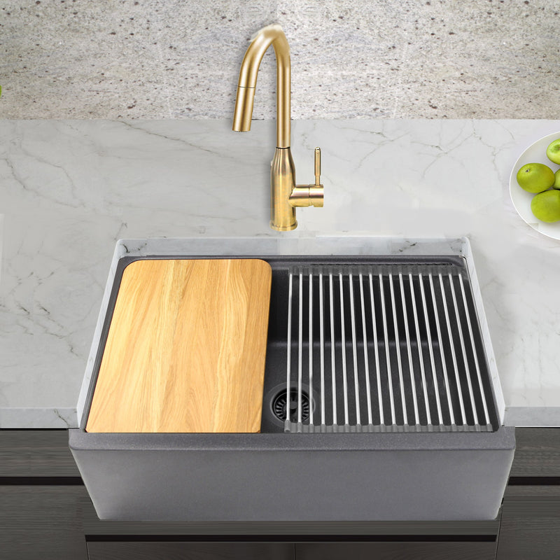 Nantucket Sinks 30-inch Reversible Workstation Granite Composite Apron Sink with Accessory Pack - Black with Metallic Flecks PR3020-APS-BL - view 4