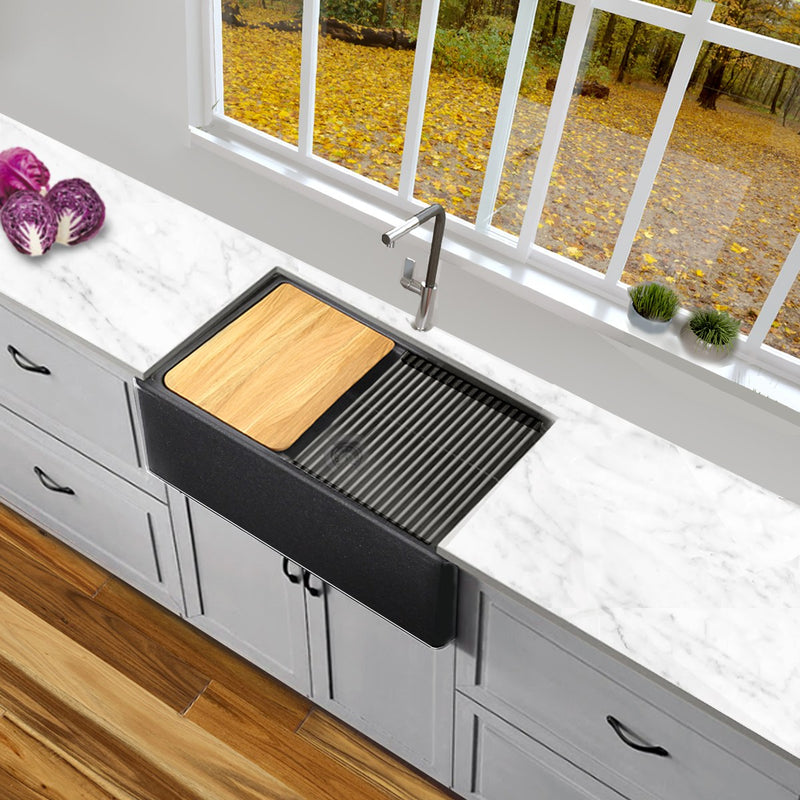 Nantucket Sinks 30-inch Reversible Workstation Granite Composite Apron Sink with Accessory Pack - Black with Metallic Flecks PR3020-APS-BL - view 5