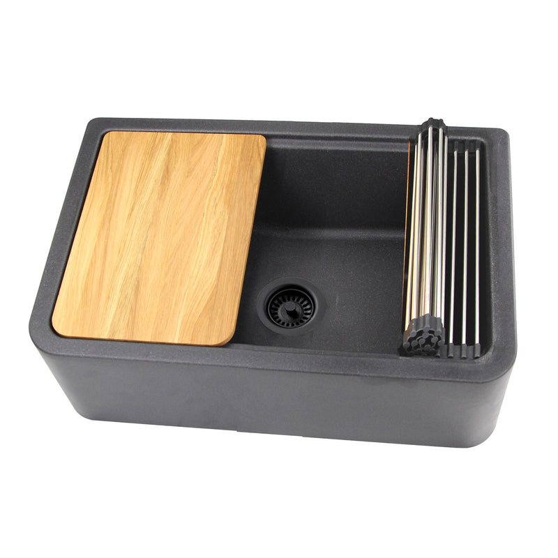 Nantucket Sinks 30-inch Reversible Workstation Granite Composite Apron Sink with Accessory Pack - Black with Metallic Flecks PR3020-APS-BL