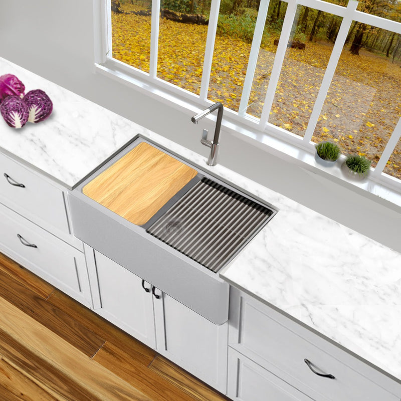 Nantucket Sinks 30-inch Reversible Workstation Granite Composite Apron Sink with Accessory Pack - Light Grey with Metallic Flecks PR3020-APS-G - view 7