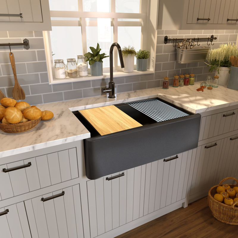 Nantucket Sinks 33-inch Reversible Workstation Granite Composite Apron Sink with Accessory Pack - Black with Metallic Flecks PR3320-APS-BL - view 7