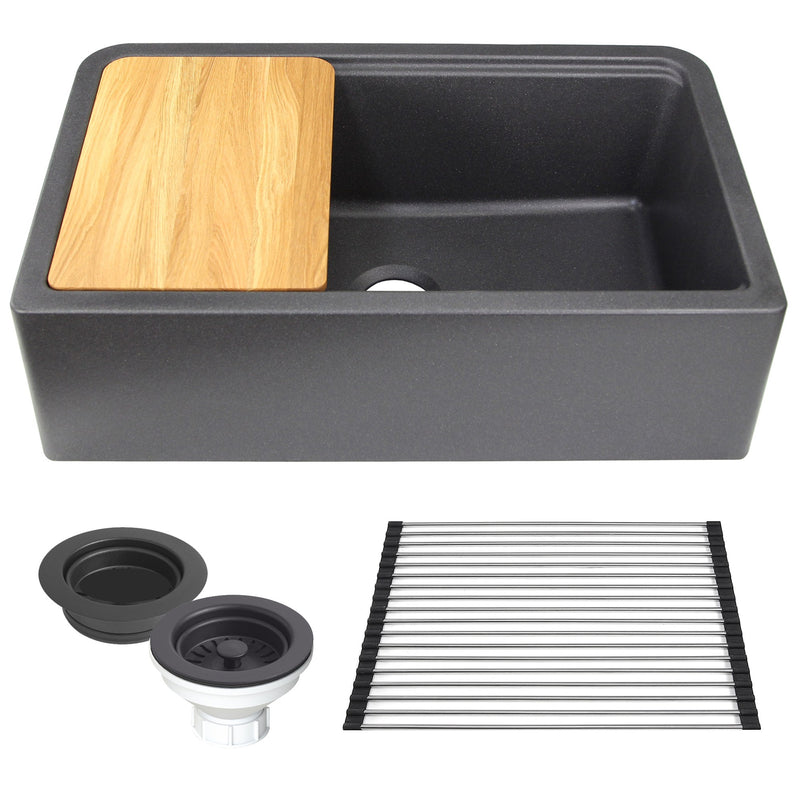Nantucket Sinks 33-inch Reversible Workstation Granite Composite Apron Sink with Accessory Pack - Black with Metallic Flecks PR3320-APS-BL