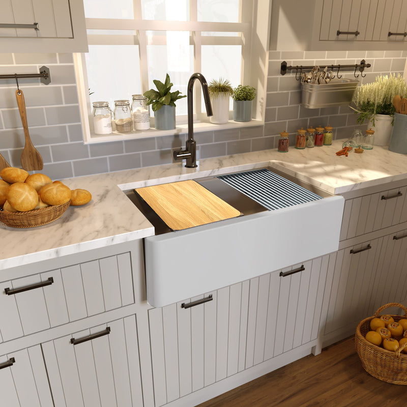 Nantucket Sinks 33-inch Reversible Workstation Granite Composite Apron Sink with Accessory Pack - Light Grey with Metallic Flecks PR3320-APS-G - view 7