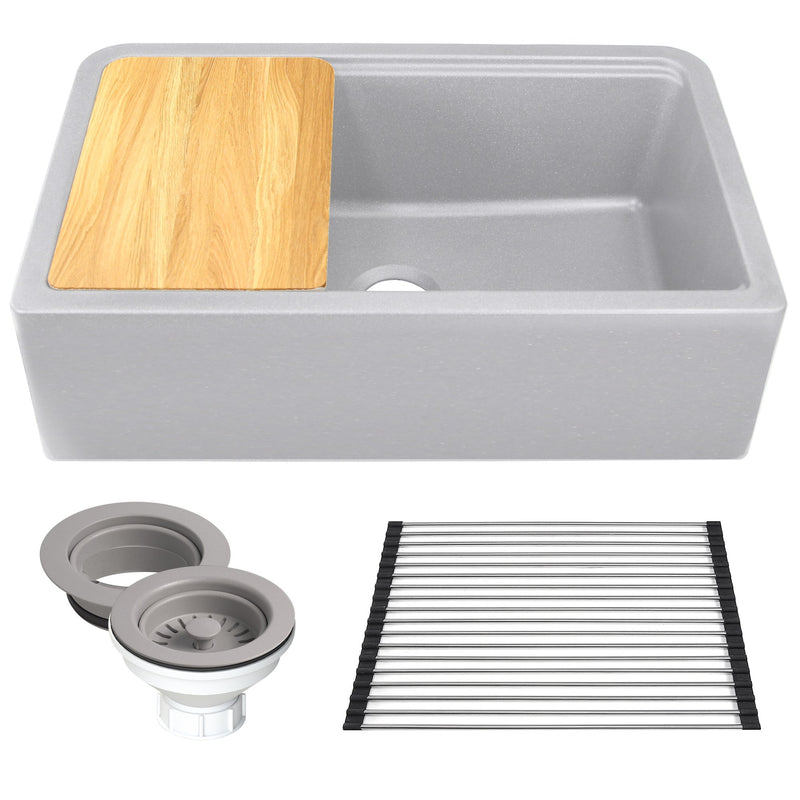 Nantucket Sinks 33-inch Reversible Workstation Granite Composite Apron Sink with Accessory Pack - Light Grey with Metallic Flecks PR3320-APS-G