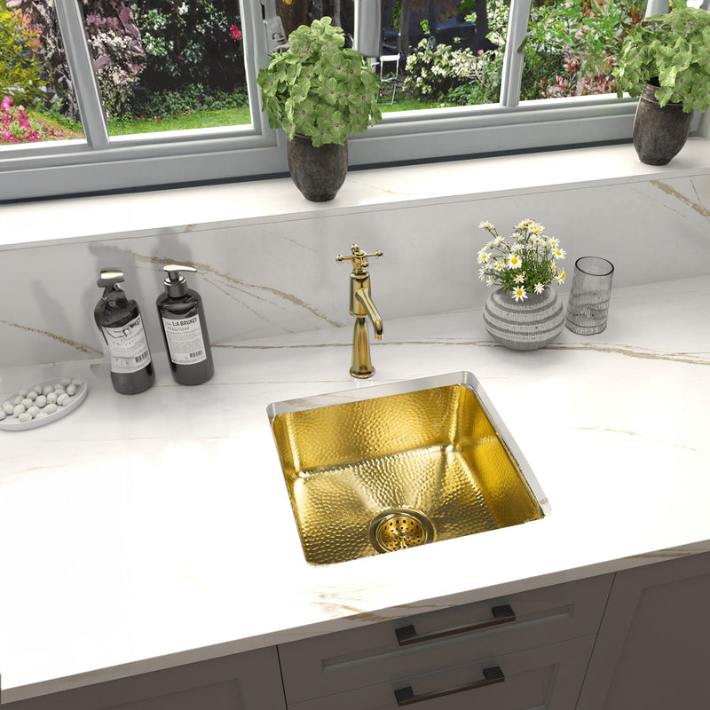 Nantucket Sinks SQRB-7MF 16.625 Inch Matte Finish Hammered Brass Square Dualmount Bar Sink - view 7