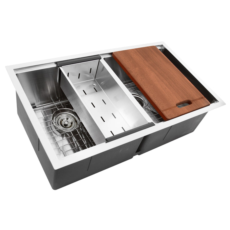 Nantucket Sinks SR-PS-3219-DE-16 Double Equal Prep Station Small Radius Undermount Stainless Sink with Accessories